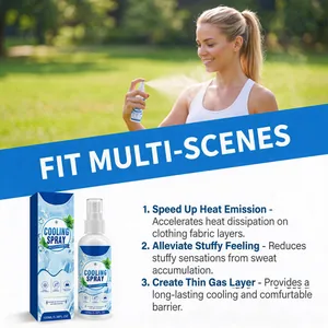 Cooling spray bottle and packaging detail showing application scene in a sunny park