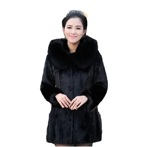 Manteau en fausse fourrure noire mi-long pour femme avec grande capuche en col de renard