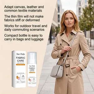 Fabric care spray shown in outdoor lifestyle scene for cleaning clothes and leather items