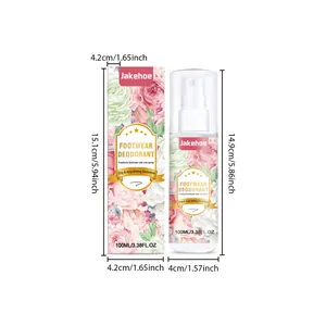 Floral footwear deodorant spray 100ml bottle shown with detailed size dimensions