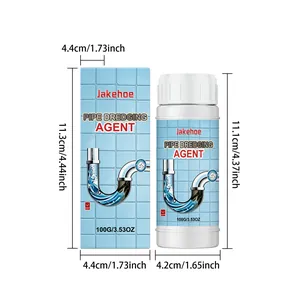 Dimensiones detalladas del frasco y del envase de venta del desatascador JAKEHOE 100g