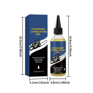 Detailed dimension measurements for 100ml chainsaw lubricating oil bottle and blue box