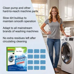 Washing machine cleaner tablets shown with product benefits in a laundry room setting