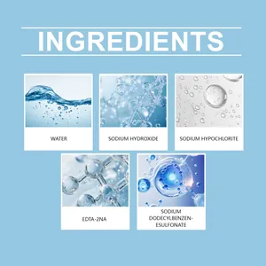 Lista detallada de ingredientes del desatascador de tuberías, con sosa y agua.