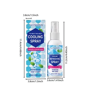 Dimensiones detalladas del spray refrescante JAYSUING de 50 ml y caja con aroma a menta