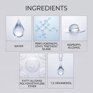 Elenco dettagliato degli ingredienti per spray impermeabilizzante con immagini macro