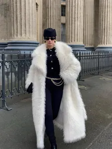 Elegant long white faux fur coat for women with stylish snow fox hair texture for winter