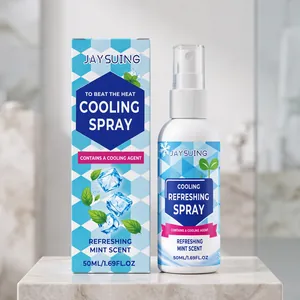 Primer plano detallado del spray refrescante de verano JAYSUING y su caja de empaque