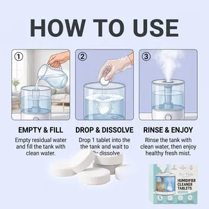 Detailed instruction guide for using humidifier cleaner tablets in three easy steps.