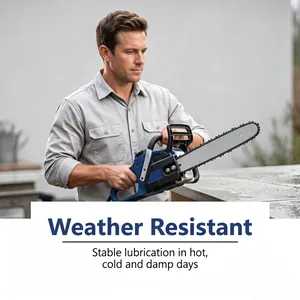 Close-up detail showing a man using a chainsaw with weather resistant lubrication oil
