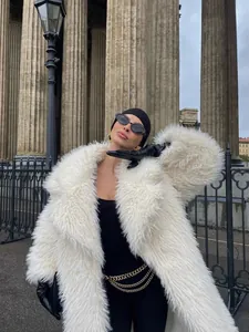 Elegant white long faux fur coat for women winter fashion street style