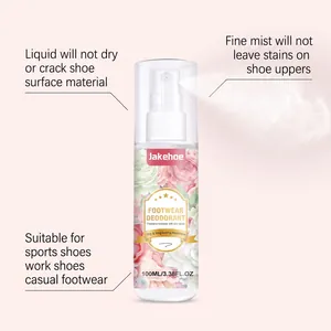 Jakehoe floral footwear deodorant spray showing fine mist and shoe surface protection.
