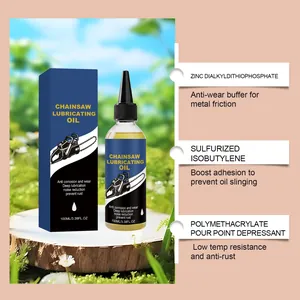Detail view of 100ml chainsaw lubricating oil with ingredient benefits on forest background
