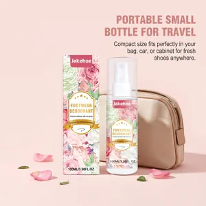Close-up detail of Jakehoe 100ml floral footwear deodorant spray with a portable travel bag
