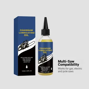 Detailed view of 100ml chainsaw lubricating oil with protective packaging for saws.