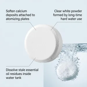 Close-up detail of humidifier descaling tablet dissolving in water to remove calcium