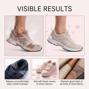 Visual comparison of shoe deodorizer results on sneakers and various shoe fabrics.