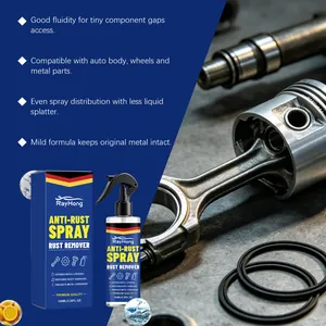 Close-up of RayHong anti-rust spray bottle and packaging with engine part background