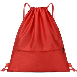 Vibrant red Oxford cloth drawstring backpack with front zipper pocket for gym and sports