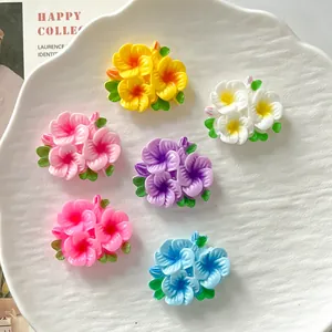 Colorful glossy resin flower charms with green leaves for DIY hair clips and shoe decor