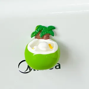 Close-up of a creative resin coconut bowl fridge magnet with mini palm tree