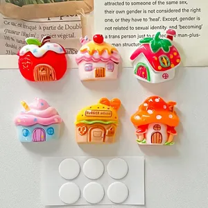 Macro view of colorful resin fruit and mushroom house charms for DIY crafts and magnets