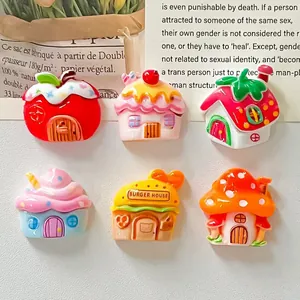Detailed macro view of six colorful cartoon house-shaped resin charms for DIY craft projects