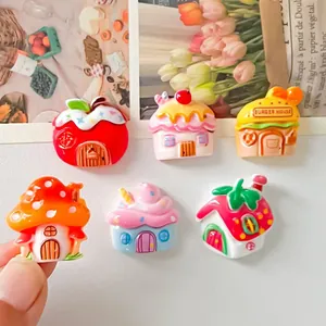 Detailed view showing various colorful cartoon resin house charms for DIY food play crafts