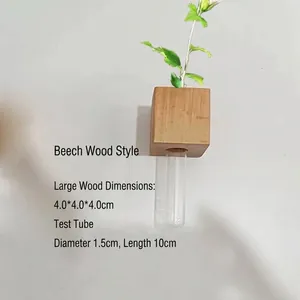 Detailed view showing dimensions of minimalist beech wood hydroponic glass vase