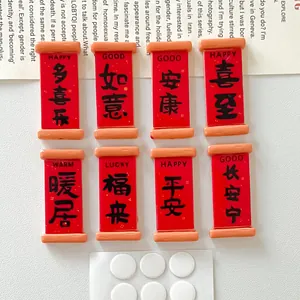 Miniature red resin scroll charms with Chinese blessings for DIY crafts and fridge magnets
