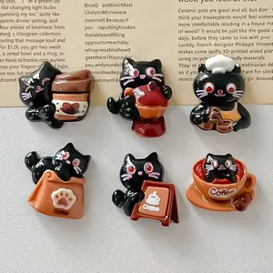 Detailed view of six cute resin cartoon black cat coffee-themed DIY accessories