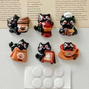 Cute 3D resin cartoon coffee cat figurines with white adhesive pads for DIY decor