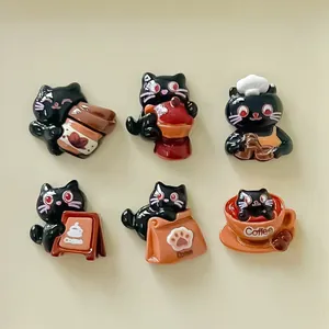 Detailed set of 6 cute black cat and coffee themed resin charms for DIY craft decoration
