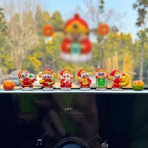 Set of six cute God of Wealth figurines as car dashboard decorations