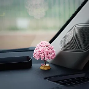 Realistic miniature pink cherry blossom tree ornament for car dashboard decoration