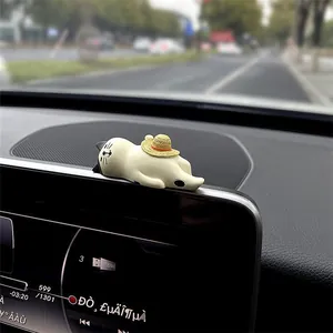 Cute healing white cat car ornament with straw hat for dashboard display decoration