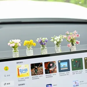 Set of five miniature glass vases with colorful artificial flowers for car dashboard