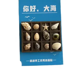 Creative handmade ocean style seashell fridge magnet with various shells in wooden grid frame