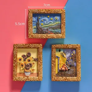 Set of three 3D resin Van Gogh painting magnets with ornate gold frames, 7x5.5cm size.