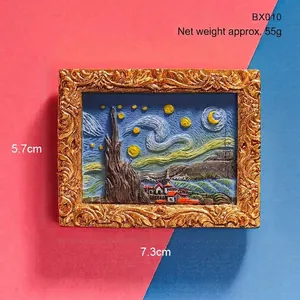 Detailed macro view of 3D Van Gogh Starry Night resin fridge magnet with frame