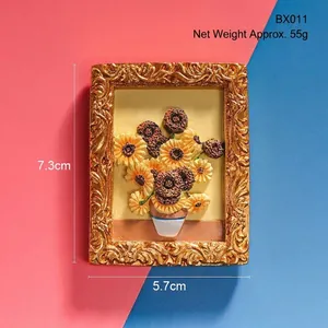 Macro detail of 3D miniature sunflower oil painting resin vintage frame fridge magnet