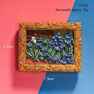 Detailed view of 3D resin Van Gogh Irises magnet in ornate gold frame, size 7.3x5.7cm.