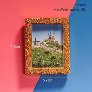 Hand-painted 3D resin fridge magnet featuring a vintage windmill landscape in a gold frame