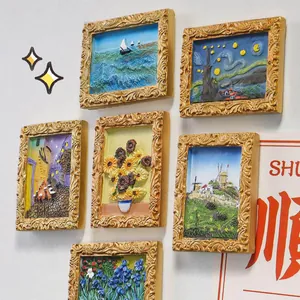 3D miniature famous painting resin fridge magnets with retro ornate gold frames decor