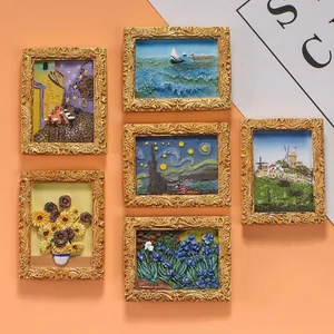 Set of 3D miniature Van Gogh oil painting resin refrigerator magnets with gold frames