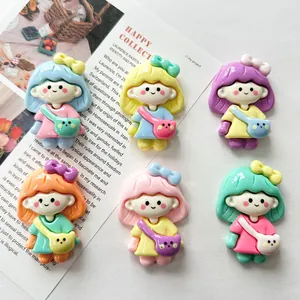 Colorful cartoon girl resin charms with bear bags for DIY phone cases and magnets