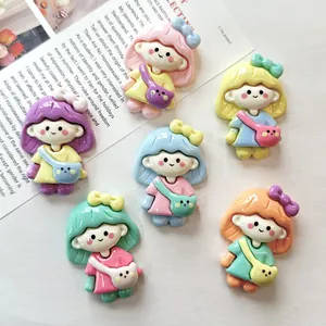 Cute Cartoon Girl Carrying Bear Backpack Resin Charms DIY Creamy Glue Decoration Accessories For Phone Case Fridge Magnet
