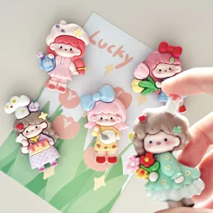 Detail view of cute cartoon garden girl fridge magnets with colorful resin details