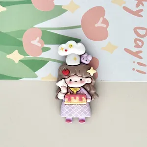 Detailed close-up of a cute cartoon chef girl fridge magnet holding a colorful cake
