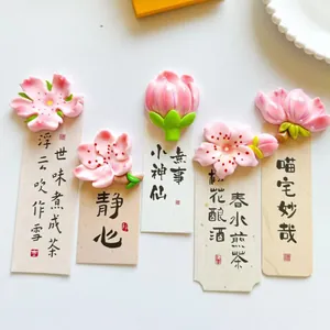 Set of 5 floral fridge magnets with pink peach blossoms and decorative calligraphy cards